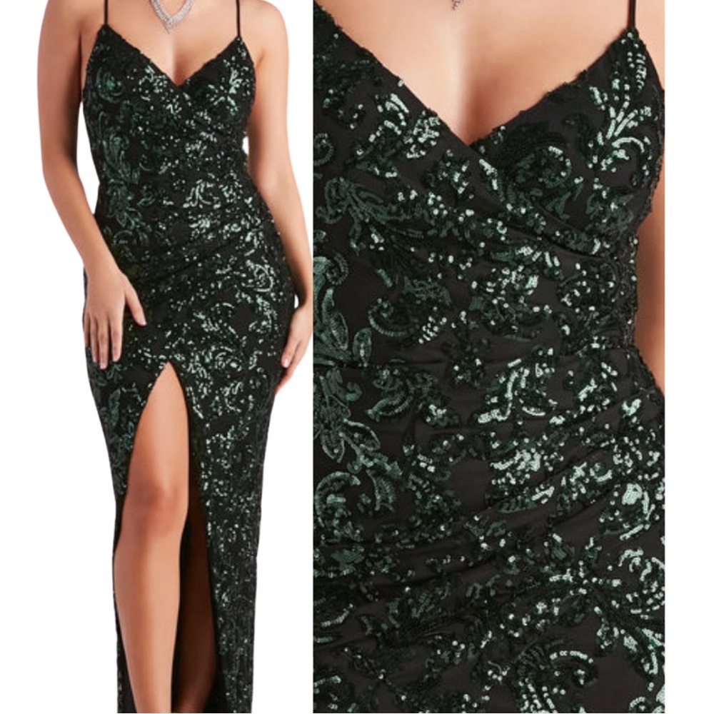 Hunter Green Sequin Gown with Slit and Spaghetti Straps for Prom